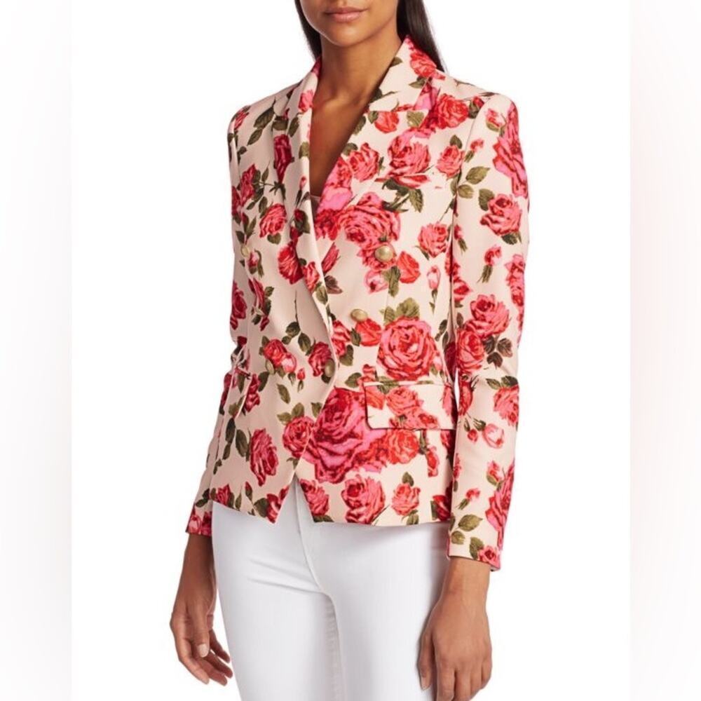 L’agence Barbiecore Kenzie Wild Roses Floral Long Line Double Breasted Blazer - Picture 2 of 4